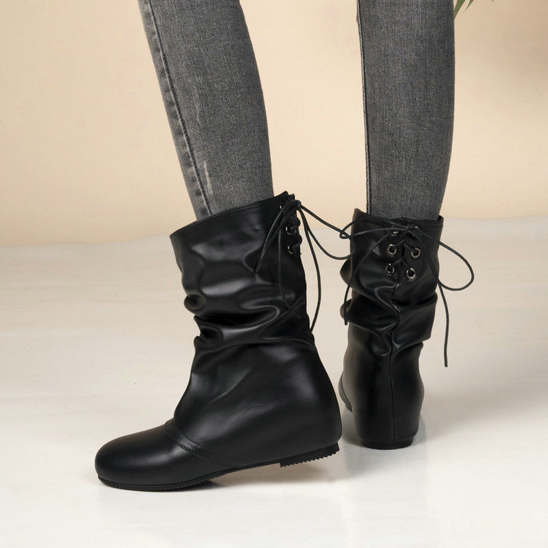 Hidden wedge heels back tie-up mid calf slouchy boots