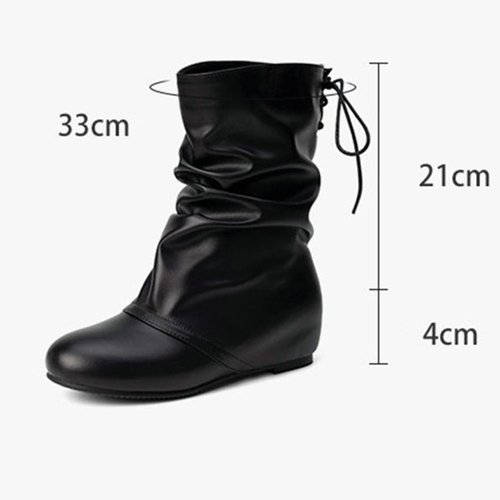 Hidden wedge heels back tie-up mid calf slouchy boots