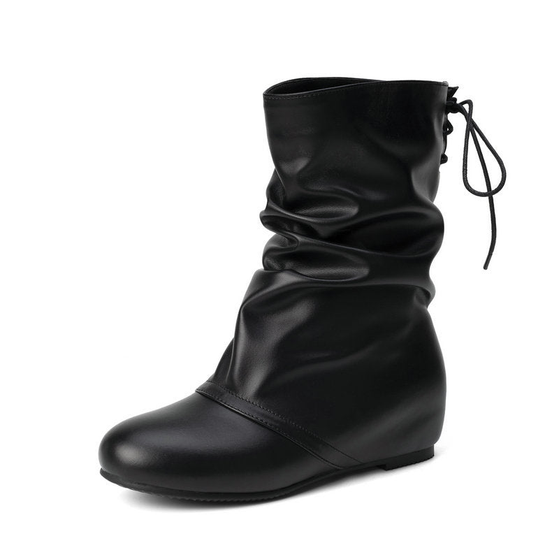 Hidden wedge heels back tie-up mid calf slouchy boots