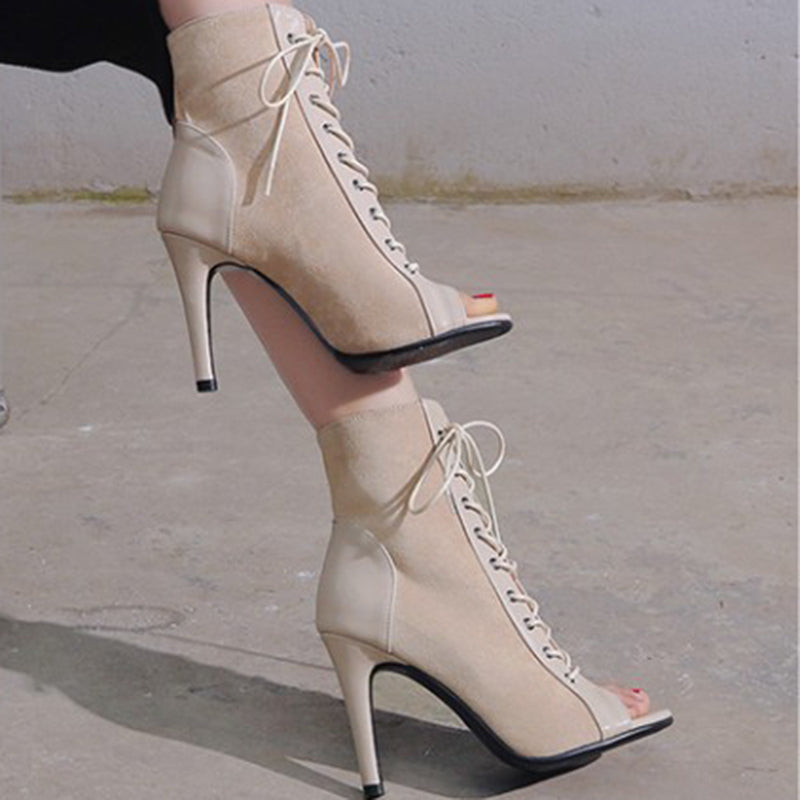 High heel boots sandals peep toe hollow crisscross lace up sandals