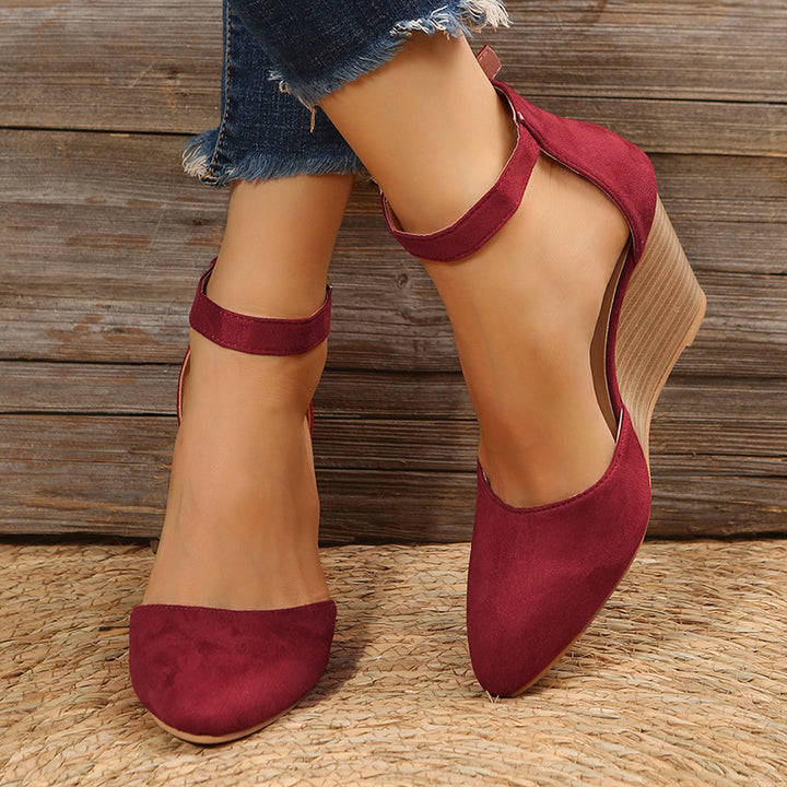 High heel wedge sandals  ankle strap side hollow closed toe sandals