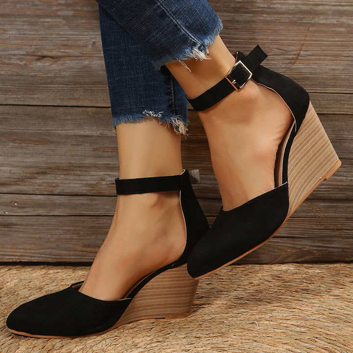High heel wedge sandals  ankle strap side hollow closed toe sandals