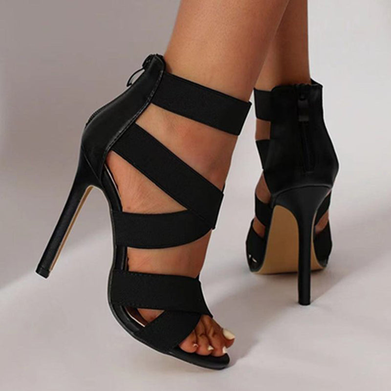 Hollow crisscross heel sandal peep toe back zipper black sandals