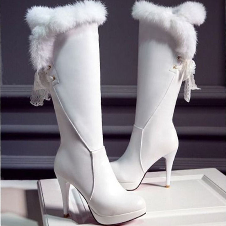 Knee high snow boots fur lining stiletto platform winter boots