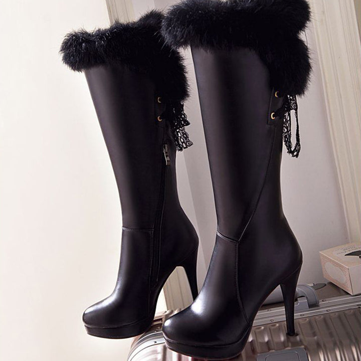 Knee high snow boots fur lining stiletto platform winter boots