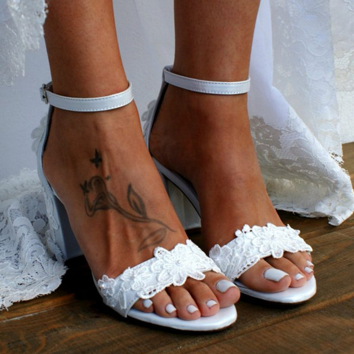 Lace flower wedding sandals chunky heel bridal ankle strap white sandals
