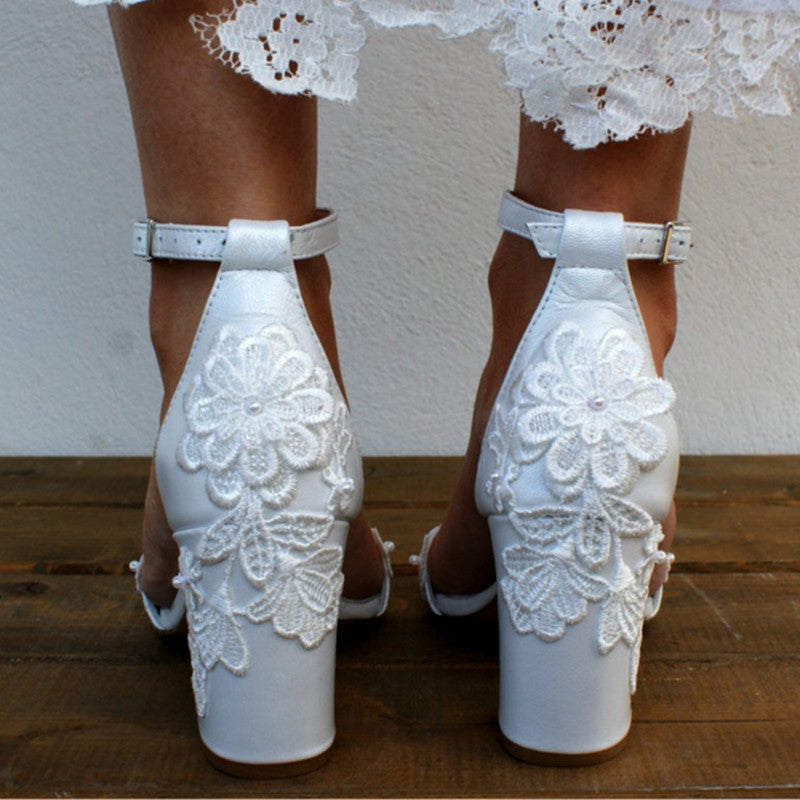 Lace flower wedding sandals chunky heel bridal ankle strap white sandals