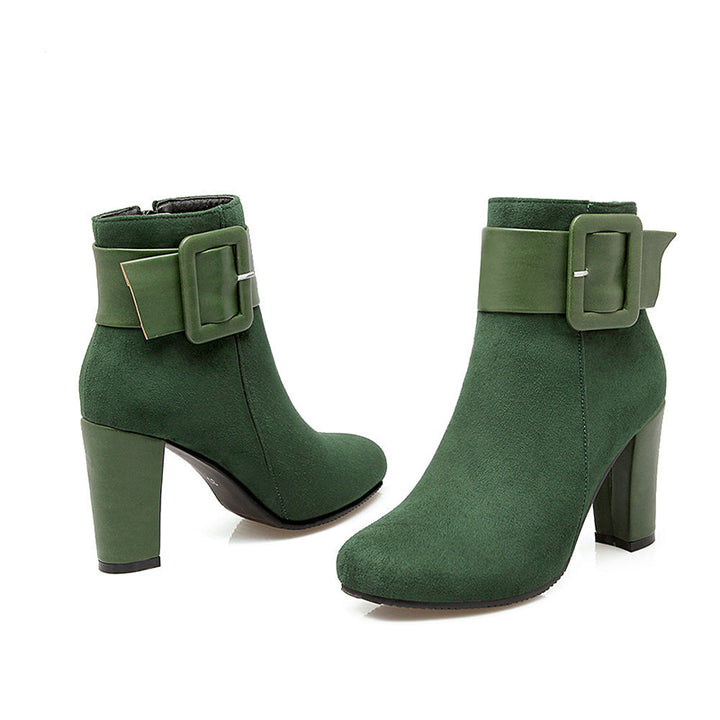 Large buckle decor chunky heels booties with side zipper