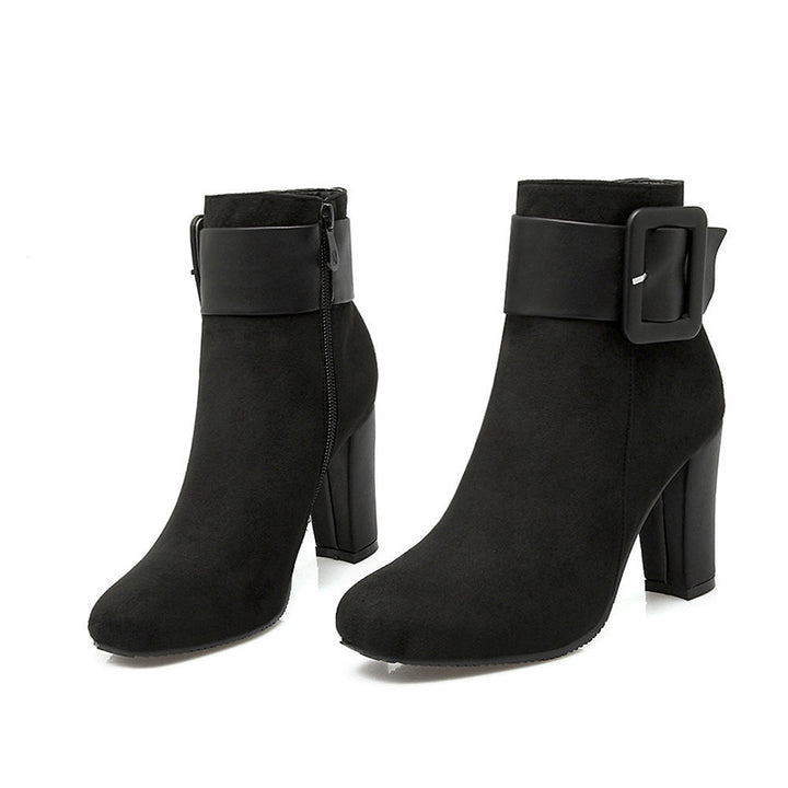 Large buckle decor chunky heels booties with side zipper