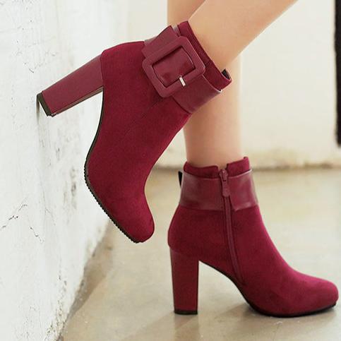 Large buckle decor chunky heels booties with side zipper