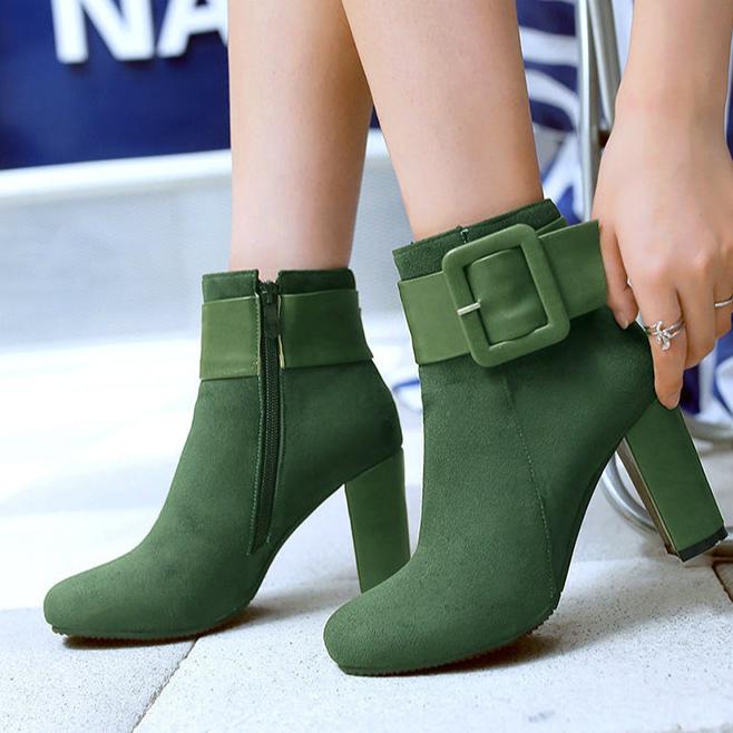 Large buckle decor chunky heels booties with side zipper