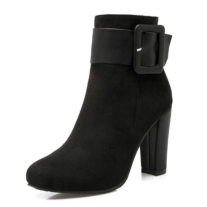 Large buckle decor chunky heels booties with side zipper