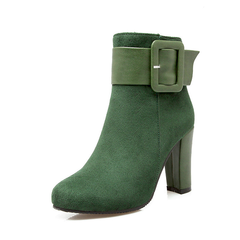 Large buckle decor chunky heels booties with side zipper