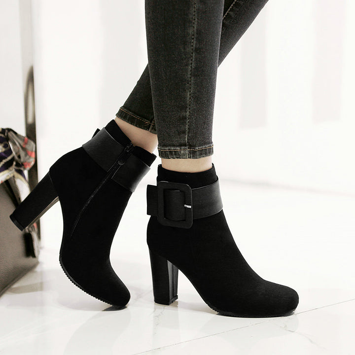 Large buckle decor chunky heels booties with side zipper