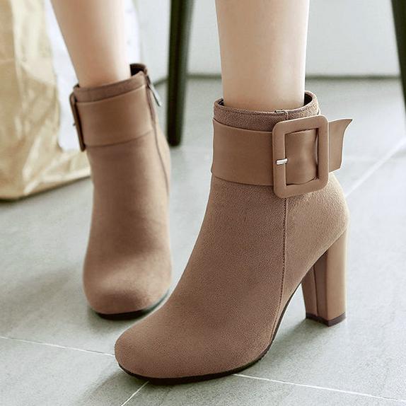 Large buckle decor chunky heels booties with side zipper