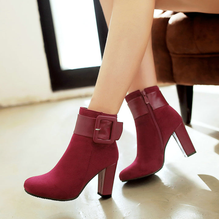 Large buckle decor chunky heels booties with side zipper