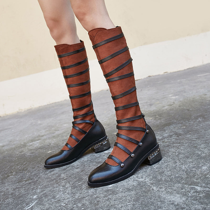 Mary Janes Strappy Knee High Boots