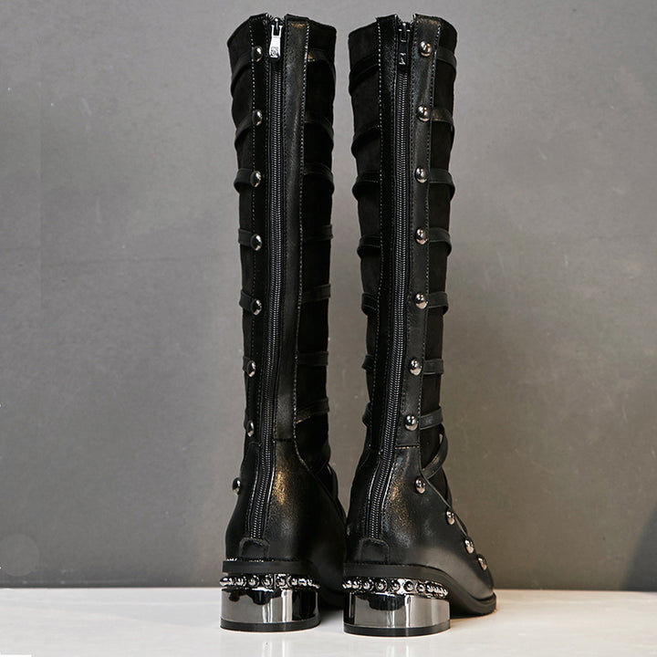 black Mary Janes Strappy Knee High Boots