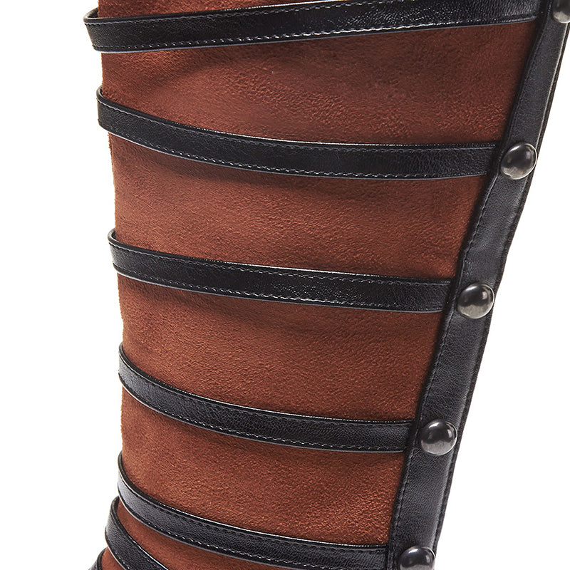brown Mary Janes Strappy Knee High Boots