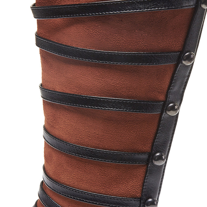brown Mary Janes Strappy Knee High Boots