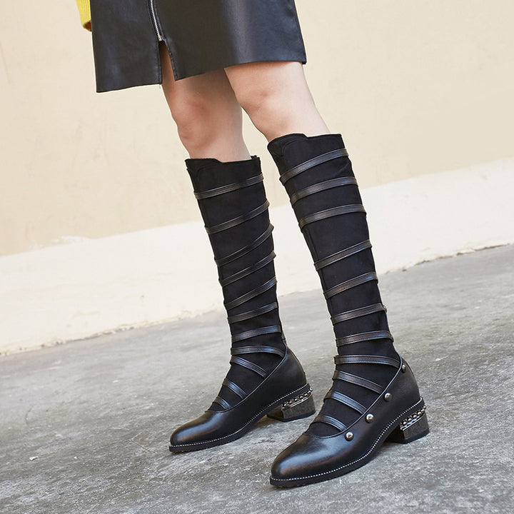 Mary Janes Strappy Knee High Boots