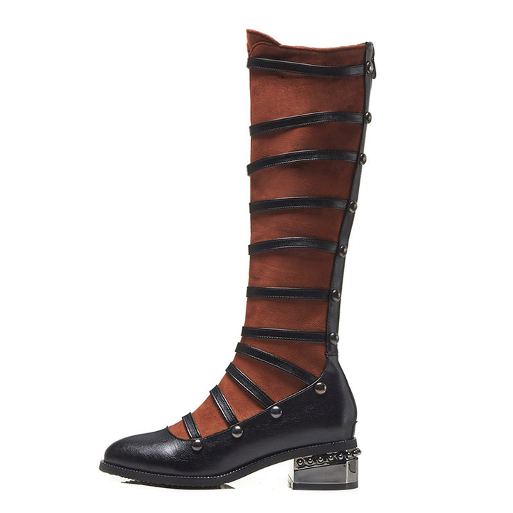 brown Mary Janes Strappy Knee High Boots