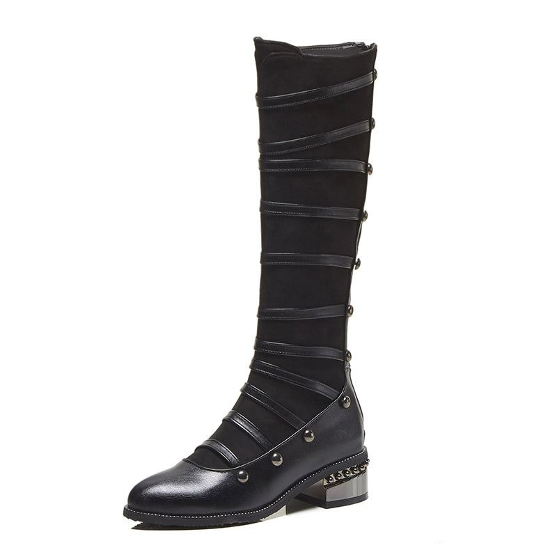 black Mary Janes Strappy Knee High Boots