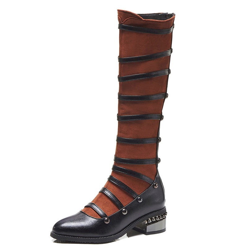 brown Mary Janes Strappy Knee High Boots