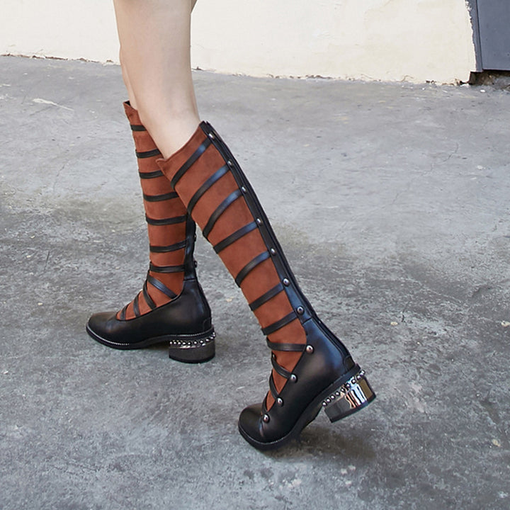 brown Mary Janes Strappy Knee High Boots