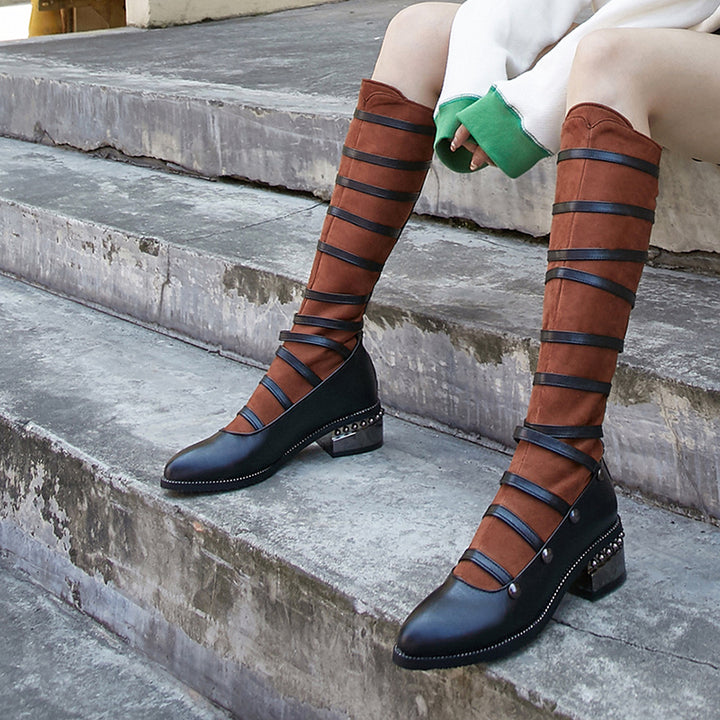 brown Mary Janes Strappy Knee High Boots