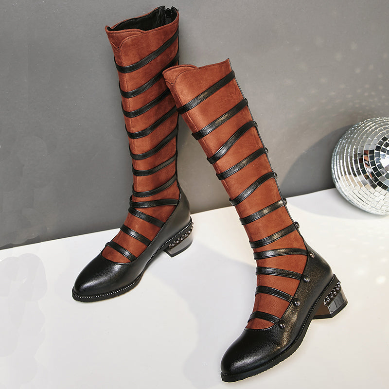 brown Mary Janes Strappy Knee High Boots