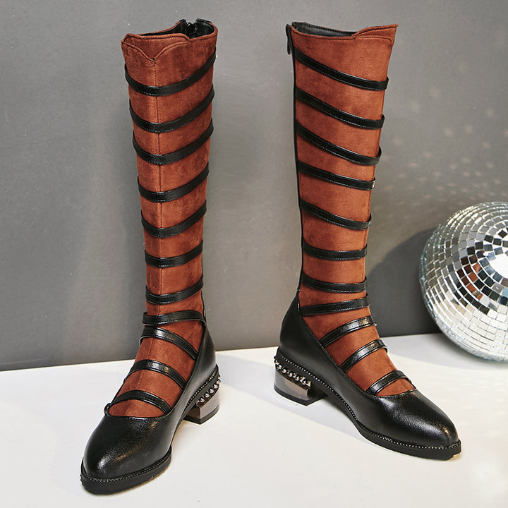 brown Mary Janes Strappy Knee High Boots