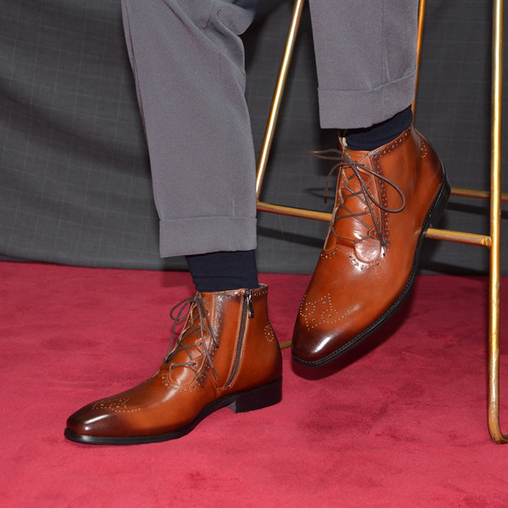 Men' genuine leather lace-up ankle boots brouge formal dress shoes