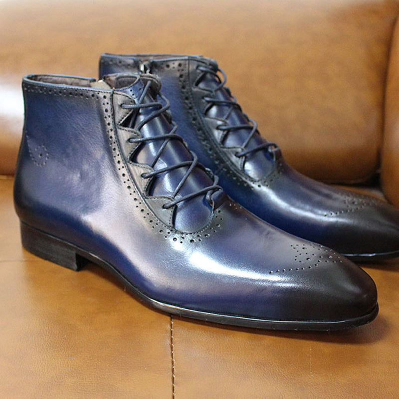 blue Men' genuine leather lace-up ankle boots brouge formal dress shoes