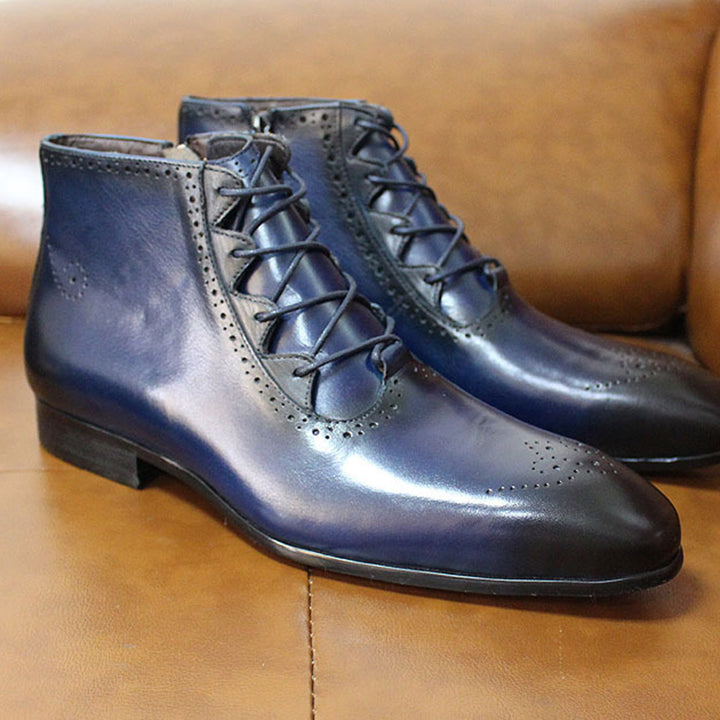 blue Men' genuine leather lace-up ankle boots brouge formal dress shoes