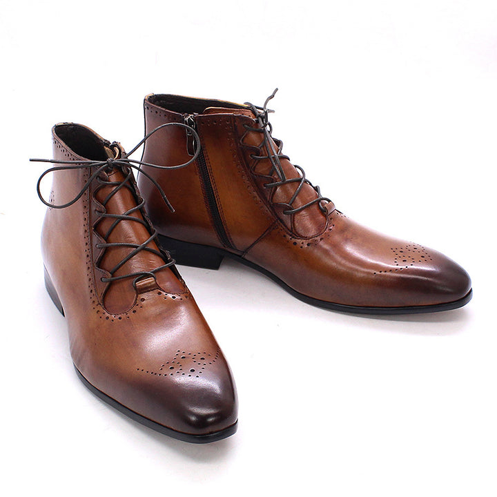 brown Men' genuine leather lace-up ankle boots brouge formal dress shoes