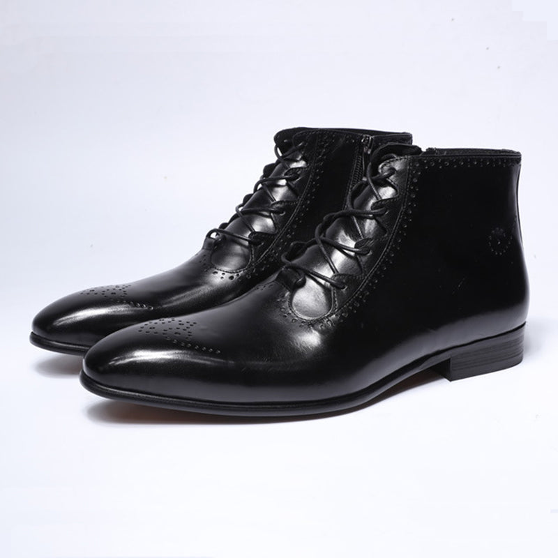Men' genuine leather lace-up ankle boots brouge formal dress shoes