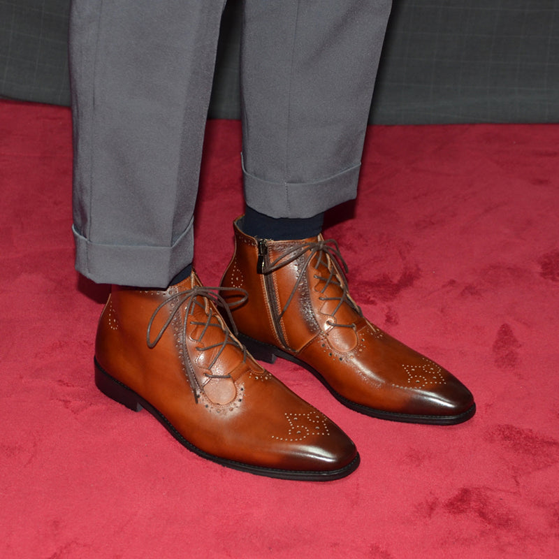 brown Men' genuine leather lace-up ankle boots brouge formal dress shoes
