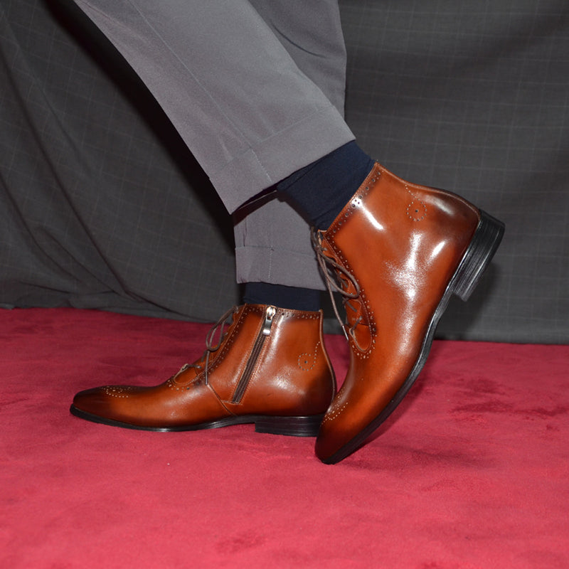 brown Men' genuine leather lace-up ankle boots brouge formal dress shoes