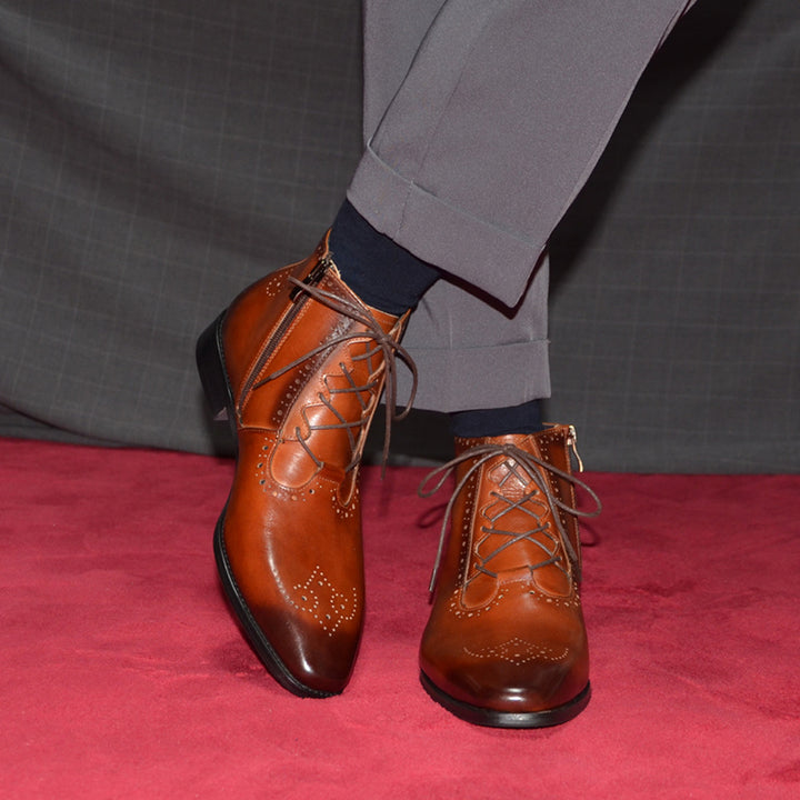 brown Men' genuine leather lace-up ankle boots brouge formal dress shoes