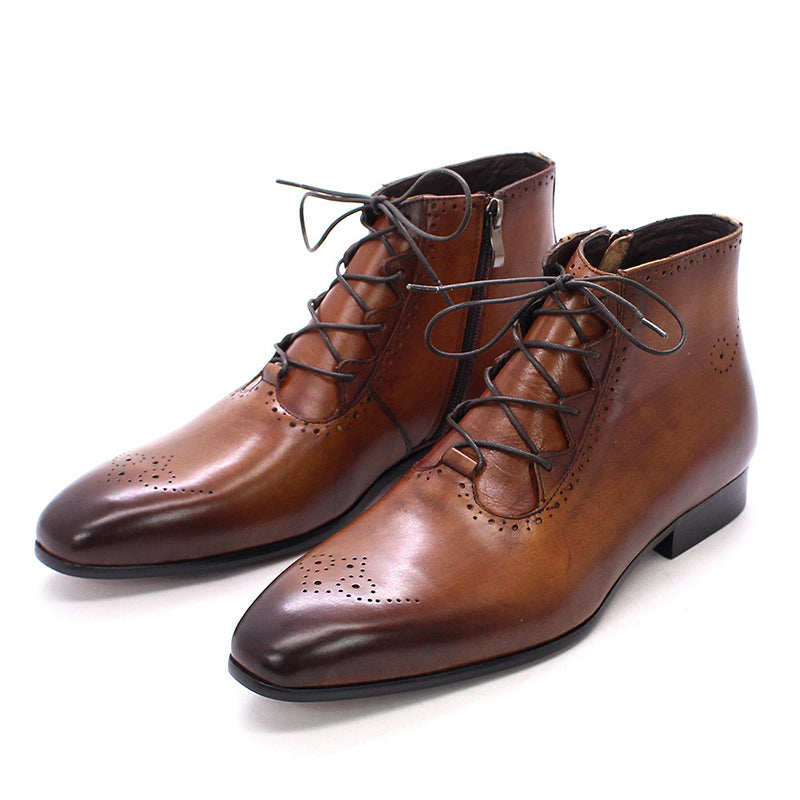 brown Men' genuine leather lace-up ankle boots brouge formal dress shoes