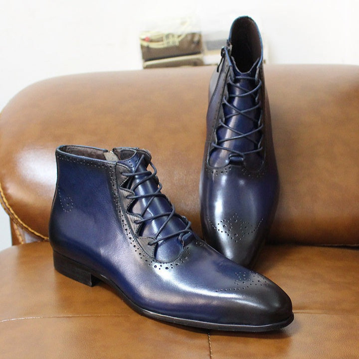 blue Men' genuine leather lace-up ankle boots brouge formal dress shoes