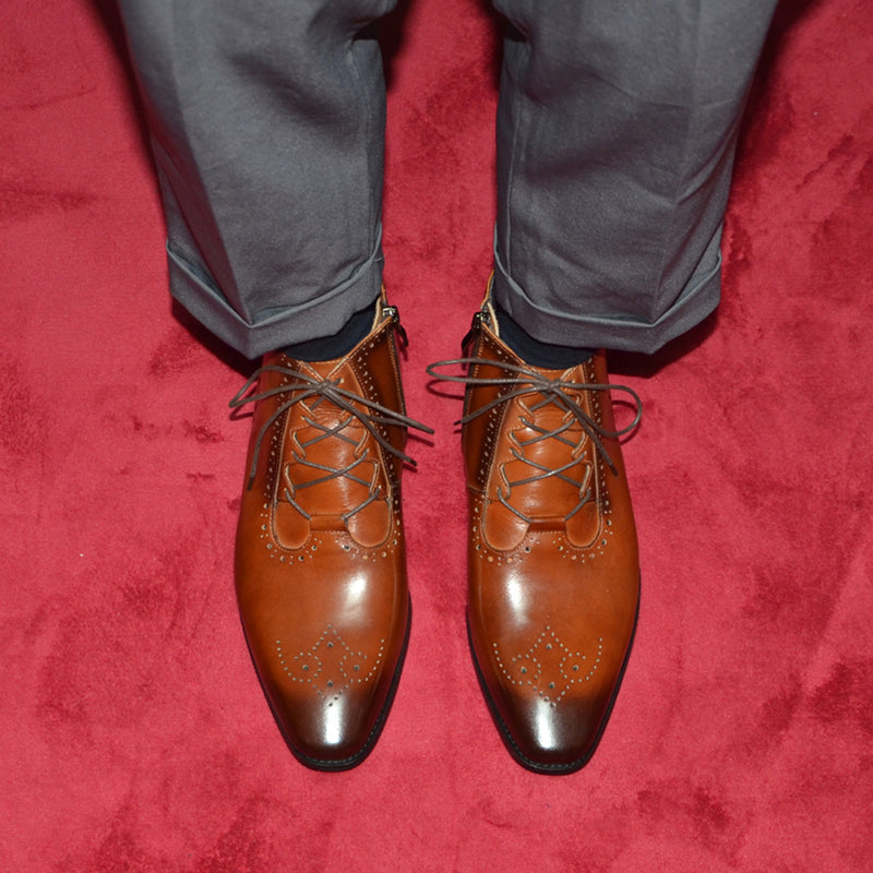 brown Men' genuine leather lace-up ankle boots brouge formal dress shoes