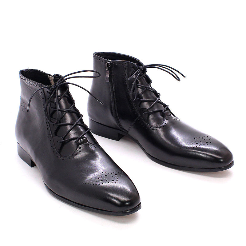 black Men' genuine leather lace-up ankle boots brouge formal dress shoes