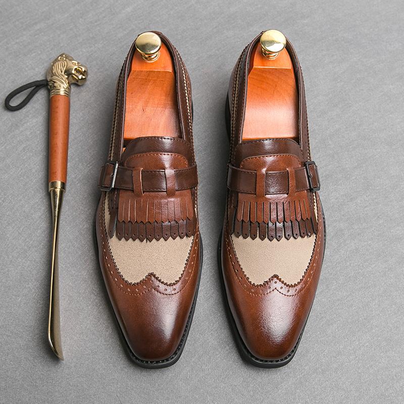 brown Men's 2 tones wingtips fringe loafers