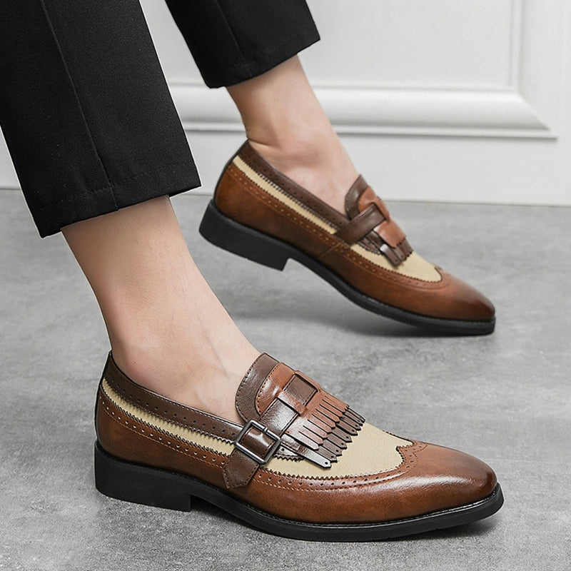 brown Men's 2 tones wingtips fringe loafers