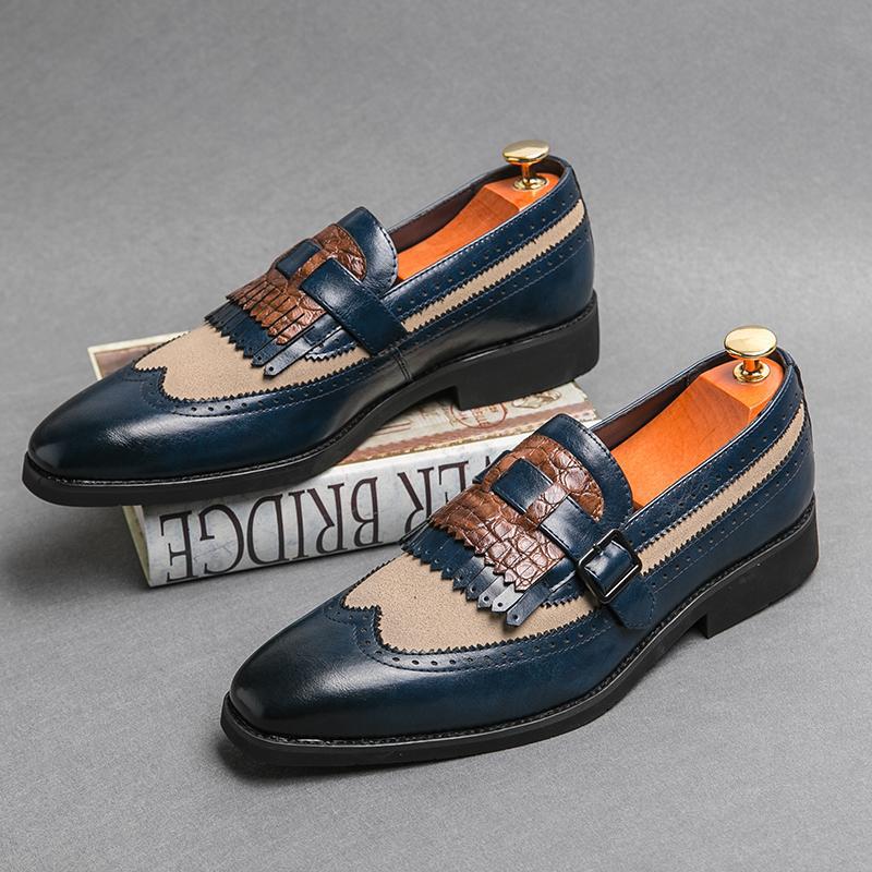 blue Men's 2 tones wingtips fringe loafers