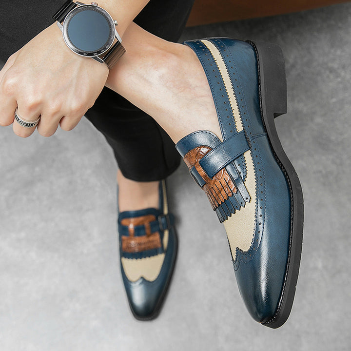 blue Men's 2 tones wingtips fringe loafers