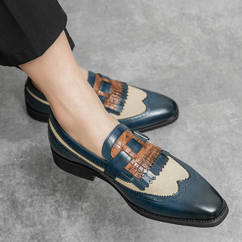 blue Men's 2 tones wingtips fringe loafers