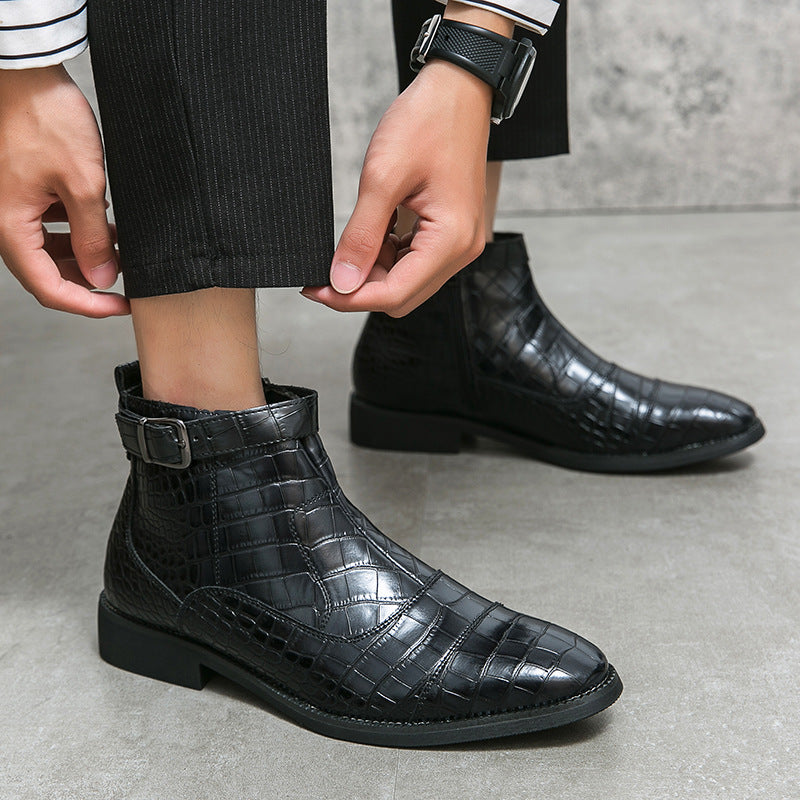 Men's Alligator Pattern Ankle Boots with Buckle